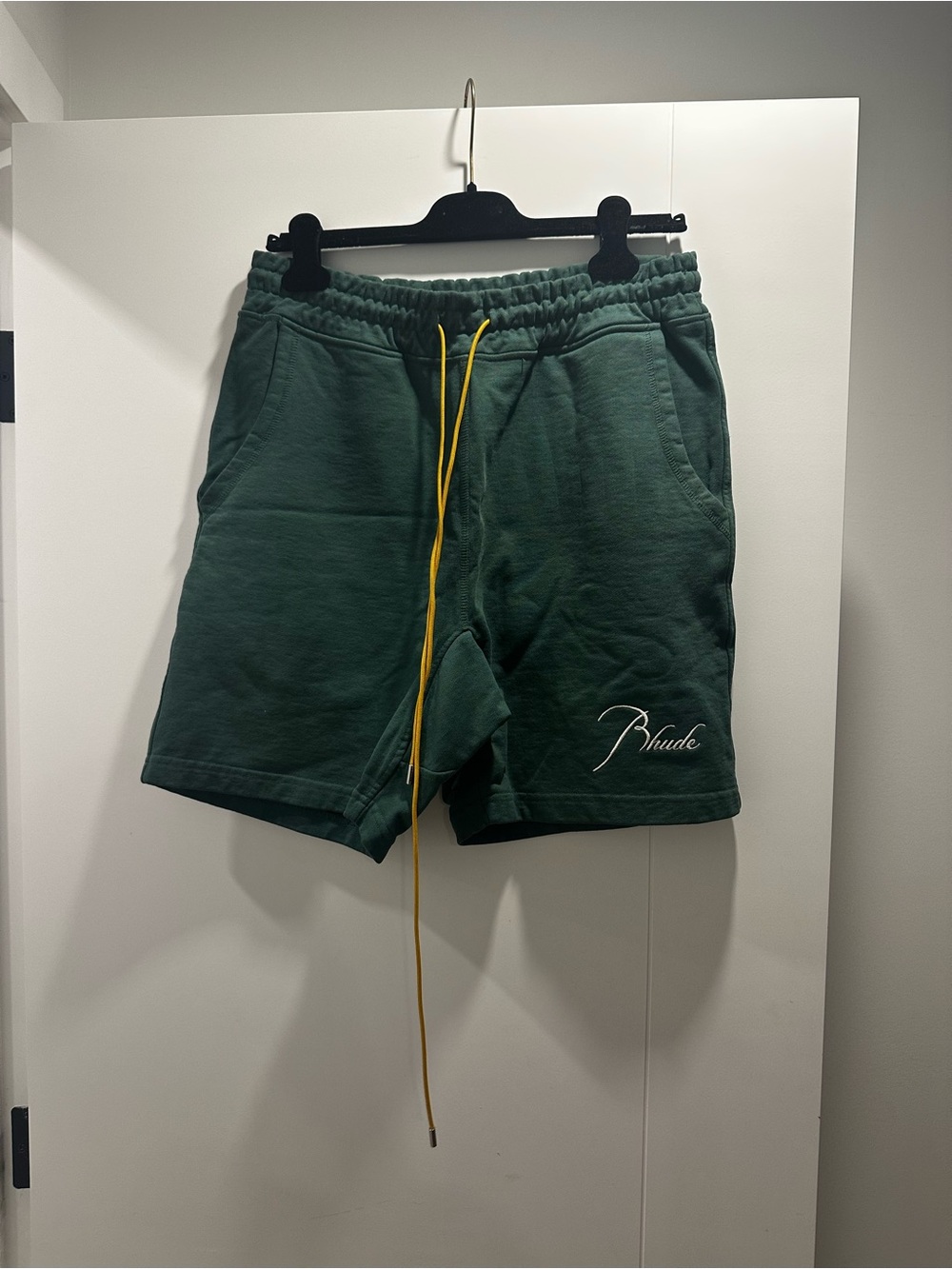 Rhude Dark Green Cotton Drawstring Shorts with Yellow Cord